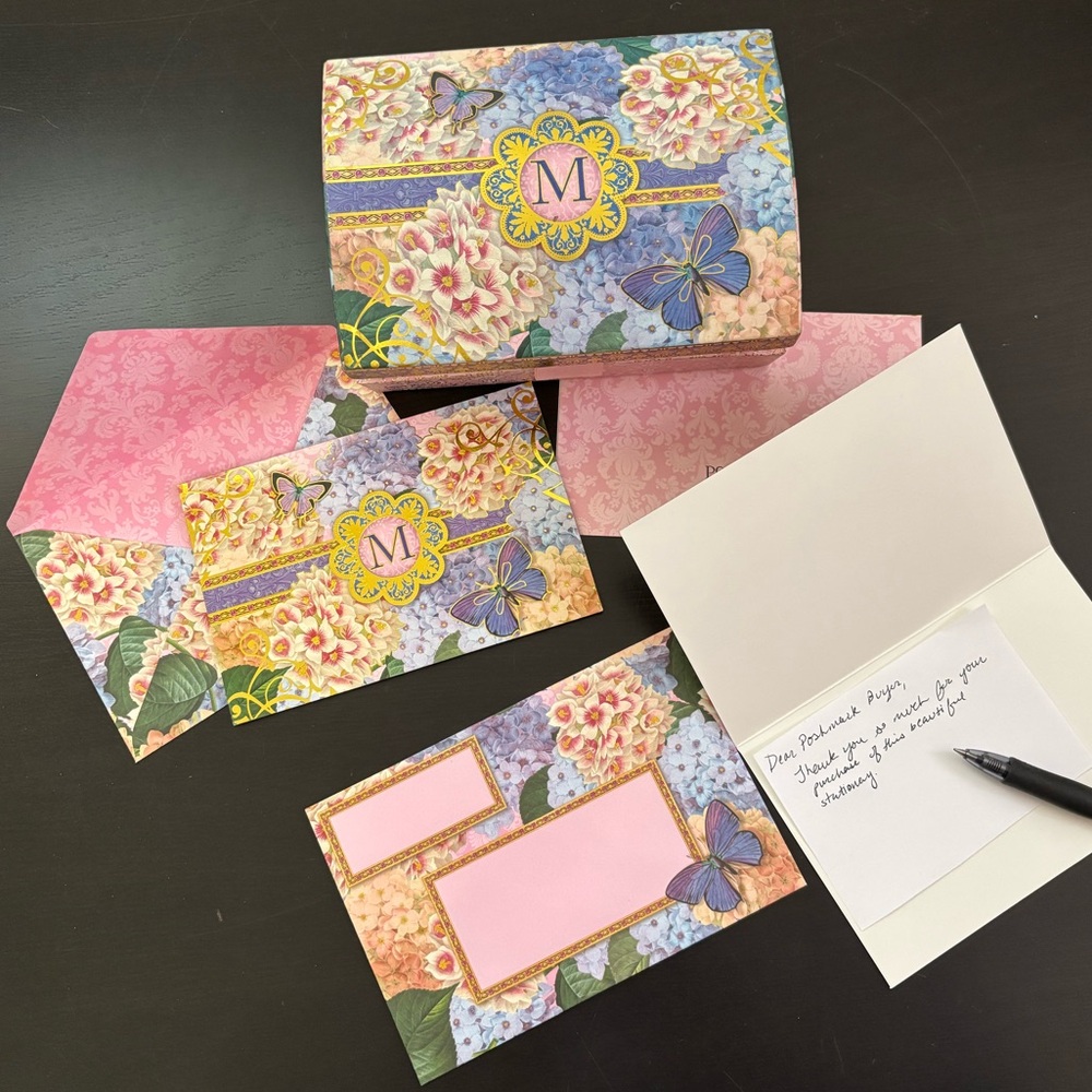 Pooch & Sweetheart Pink/Gold Fleur-De-Lis Stationery & ‘M' Monogram Keepsake Box